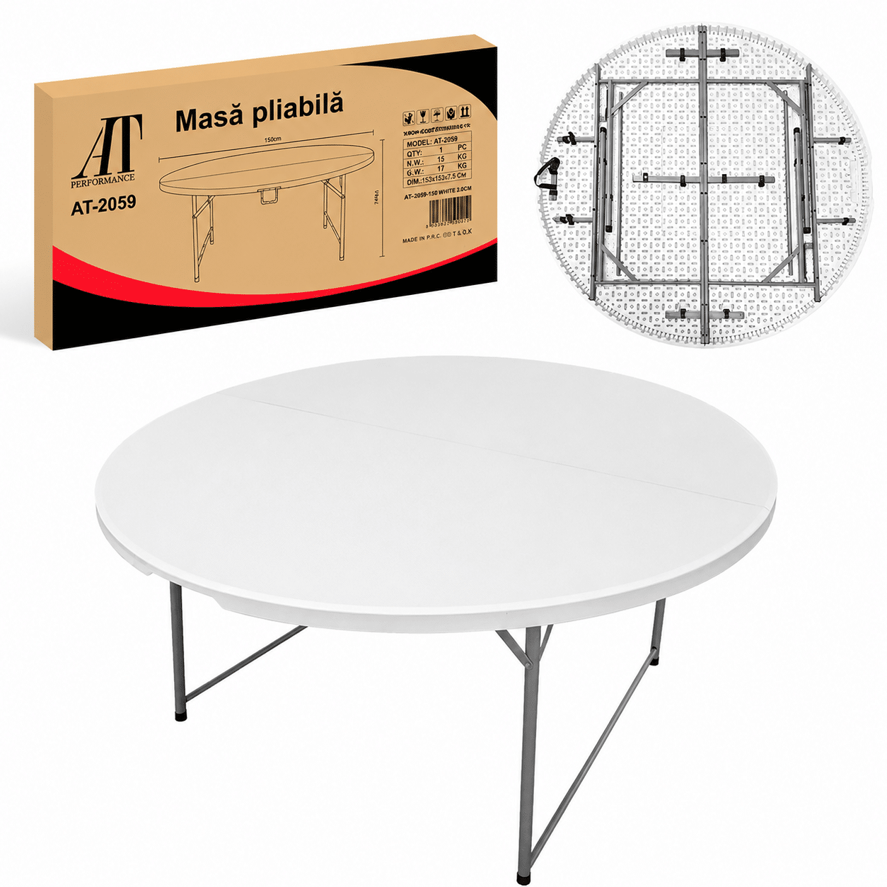 Masă Rotundă Pliabilă 150 cm, HDPE Profesional, 400 kg, pentru Evenimente și Catering