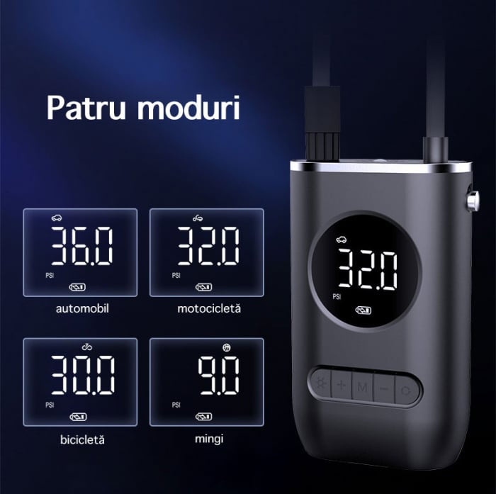 Pompa de aer electrica pentru masina (Compresor), Multifunctionala, 4000 mAh, 120W, afisaj digital LCD, lanterna LED, incarcare USB, Portabila