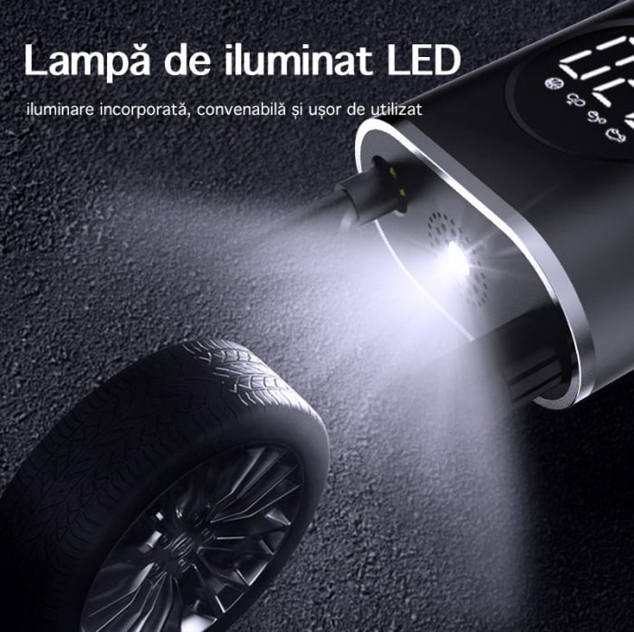 Pompa de aer electrica pentru masina (Compresor), Multifunctionala, 4000 mAh, 120W, afisaj digital LCD, lanterna LED, incarcare USB, Portabila