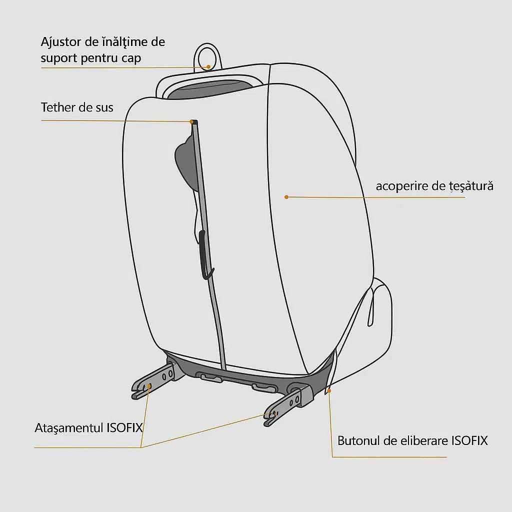 Scaun auto copii KIDOO, i-Size ISOFIX 76–150 cm – model evolutiv cu tetieră reglabilă și protecție laterală