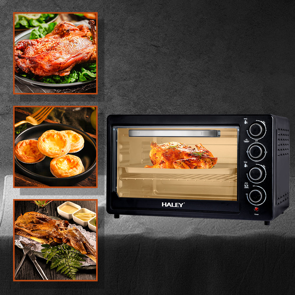 Cuptor Electric HALEY 48L, 2000W cu Convecție 360° Hot Air, Grătar și Tavă Incluse, 4 Elemente de Încălzire, Negru – Ideal pentru Gătit Rapid și Uniform
