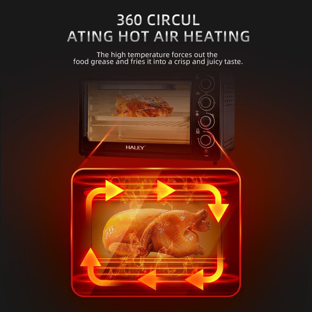 Cuptor Electric HALEY 48L, 2000W cu Convecție 360° Hot Air, Grătar și Tavă Incluse, 4 Elemente de Încălzire, Negru – Ideal pentru Gătit Rapid și Uniform