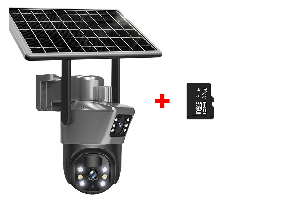 Cameră de supraveghere Duala 6 MP, 4G SIM , Senzor de mișcare, cu Panou Solar integrat pentru exterior , rezoluție 2K + Card 32GB Cadou
