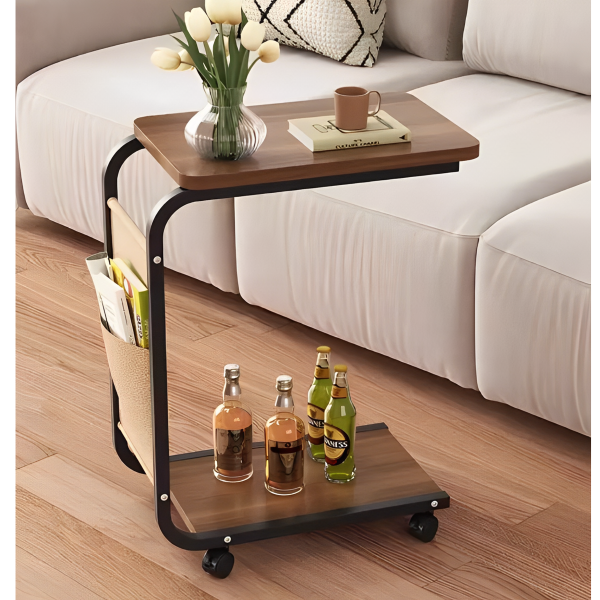Masuta de cafea pentru living, design nordic in formă de C, cu 2 niveluri, pe roți 52x34x60cm