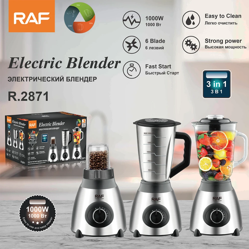Blender electric din inox RAF R.2871 , 3 in 1 ,1000 W, râșniță inclusă