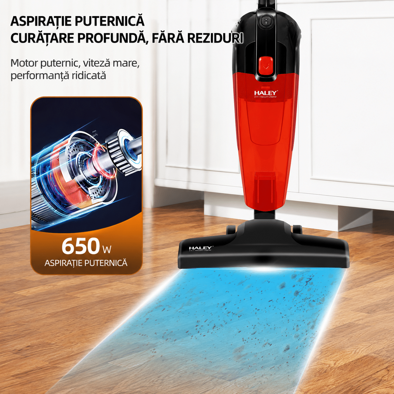 Aspirator Vertical 2 în 1 Cu Fir HALEY HY-1911, 650W, Recipient 1,2L, Tehnologie Ciclon, Filtrare în 4 Trepte, Rază 5 m