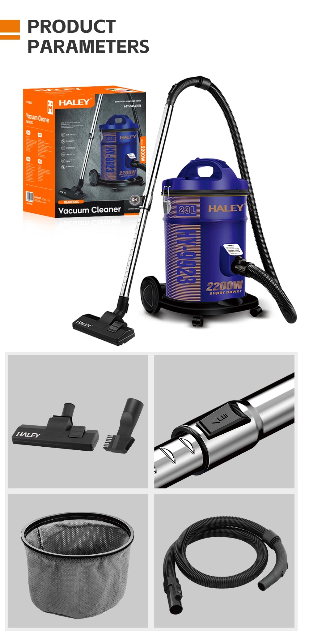 Aspirator cu Sac HALEY HY-9923, 2200W, Capacitate Rezervor 23L, Funcționare Uscat, Mov