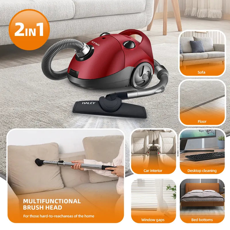 Aspirator cu Sac HALEY HY-906, 2800W, Putere Aspirare 500W, Sistem Filtrare Multiplă, Capacitate Sac 2.0L, Roșu