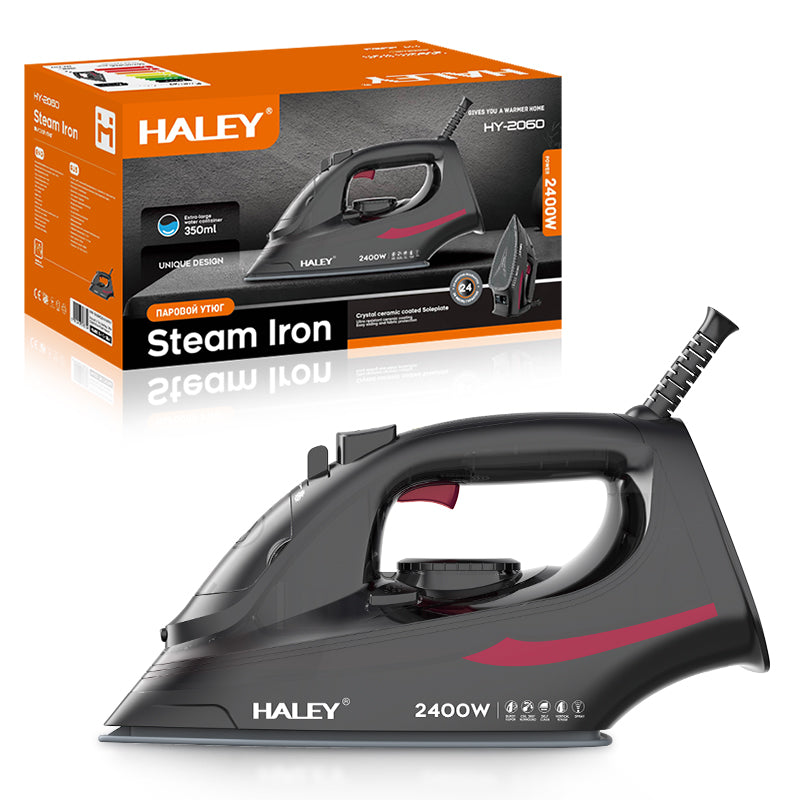 Fier de călcat cu abur HALEY HY-2060, 2400W, Talpă ceramică, Abur vertical, Auto-curățare, Cablu 1.5m, Negru