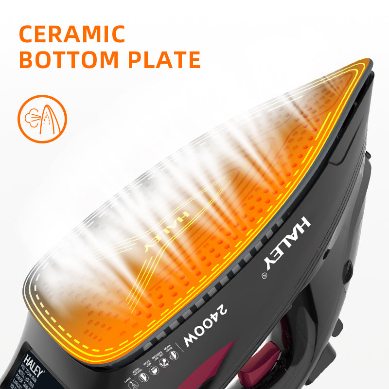 Fier de călcat cu abur HALEY HY-2060, 2400W, Talpă ceramică, Abur vertical, Auto-curățare, Cablu 1.5m, Negru