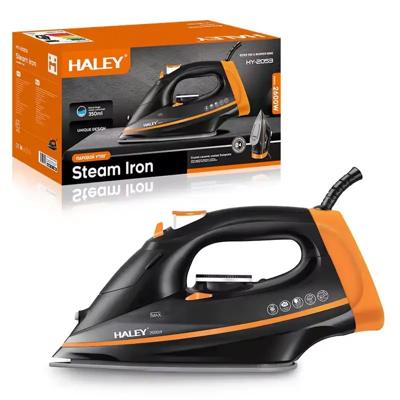 Fier de călcat cu abur HALEY HY-2053, 2600W, Talpă ceramică, Rezervor 350ml, Funcție Abur Vertical, Auto-curățare, Anti-Picurare, Negru/Portocaliu