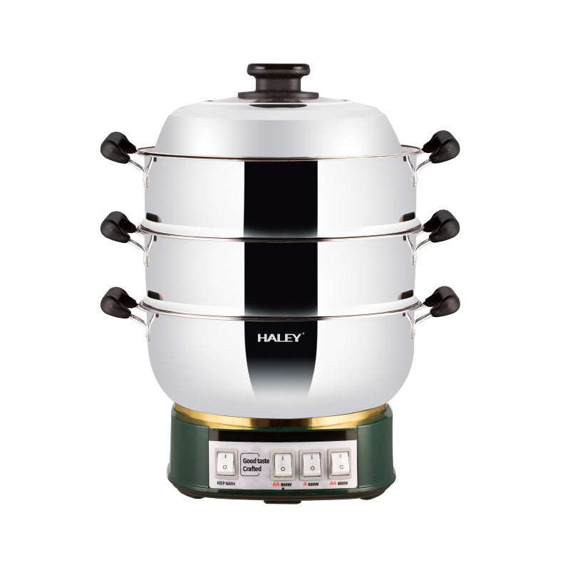 Vas Electric Multifuncțional HALEY HY-501, 2100W, Inox Premium cu Abur pe Două Nivele, Ideal pentru Gătit Sănătos Acasă sau la Hotel