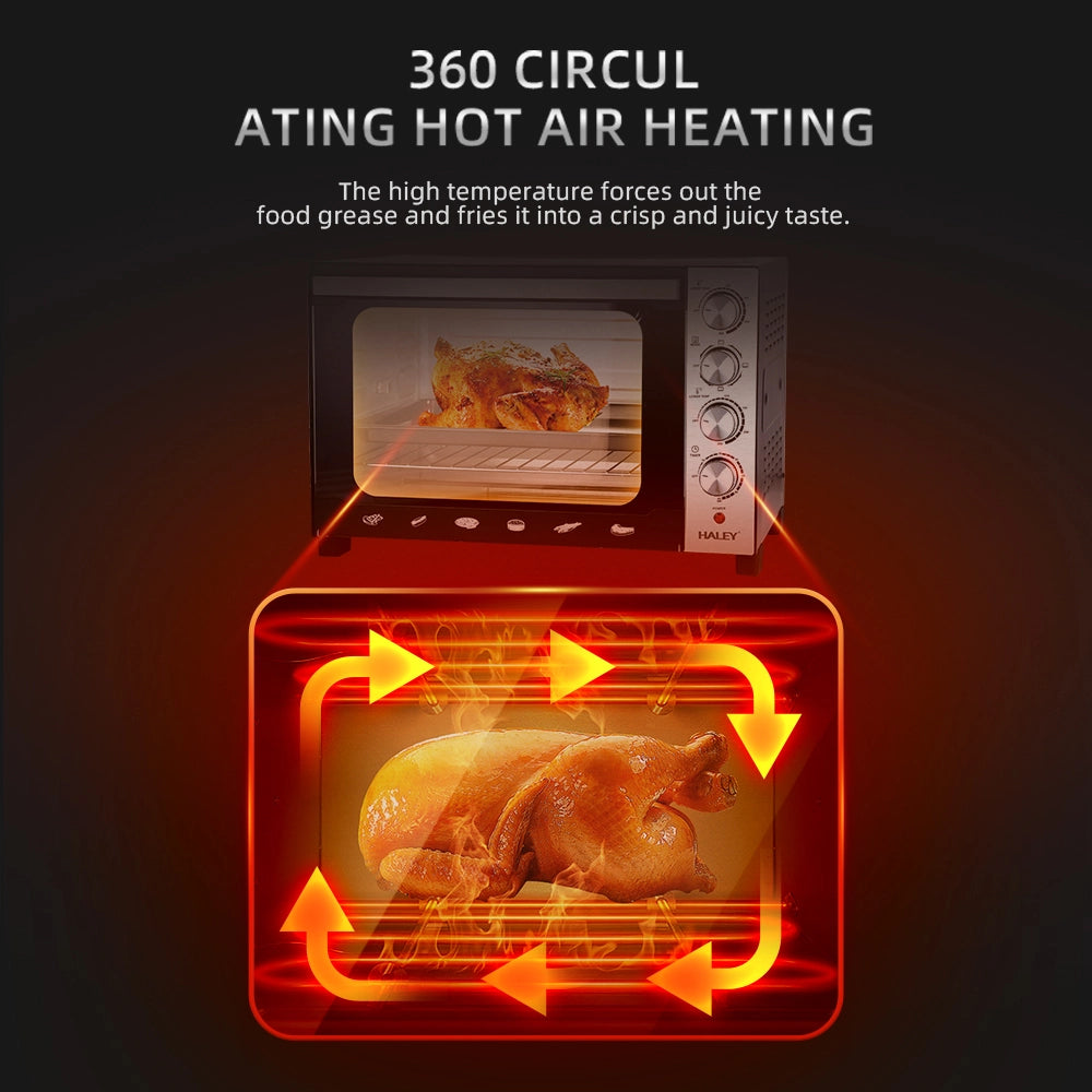 Cuptor Electric HALEY HY-5160, 2800W, 60L – Negru/Argintiu, Încălzire 360°, Rotisor, Timer, 4 Tuburi, Operare Simplă