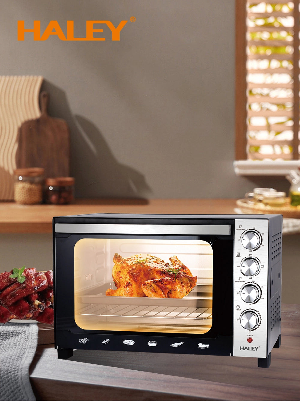 Cuptor Electric HALEY HY-5160, 2800W, 60L – Negru/Argintiu, Încălzire 360°, Rotisor, Timer, 4 Tuburi, Operare Simplă