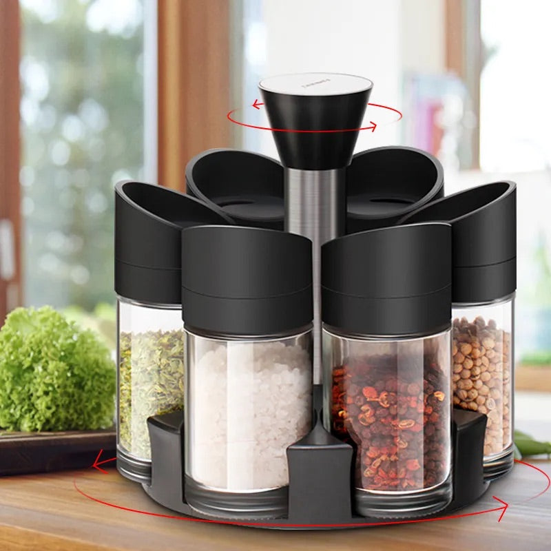 Set 6 recipiente pentru condimente cu suport rotativ