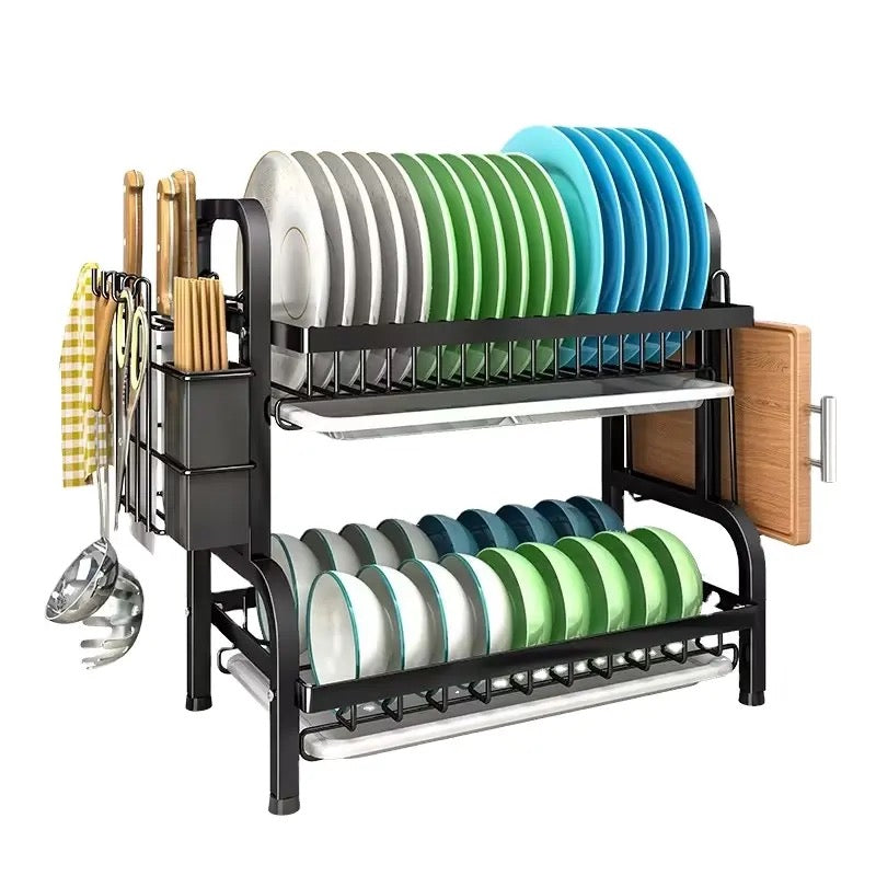 Suport de vase metalic, supraetajat, cu 2 polițe, design scandinav, negru