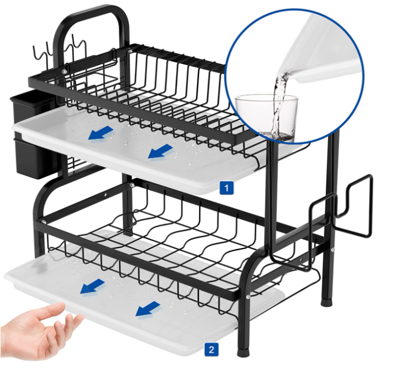 Suport de vase metalic, supraetajat, cu 2 polițe, design scandinav, negru
