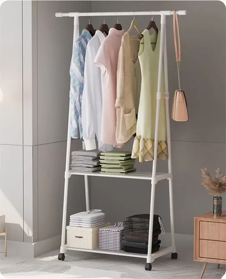 Suport triunghi pentru haine si umerase cu 2 rafturi inferioare