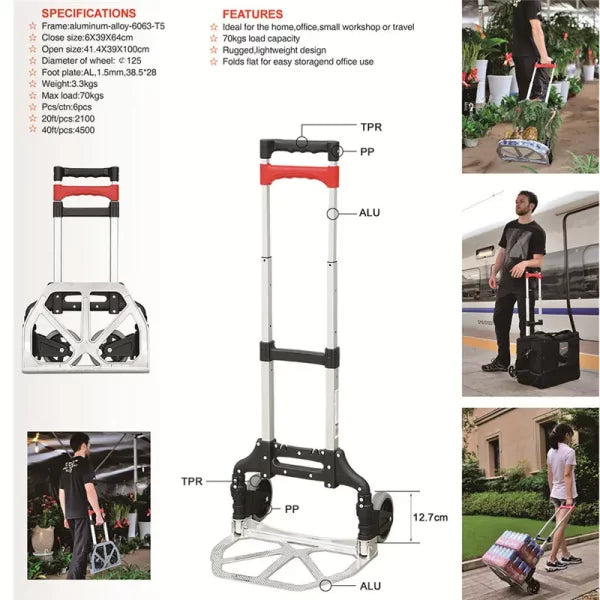 Carucior pentru cumparaturi pliabil cu platforma si maner extensibil, aluminiu