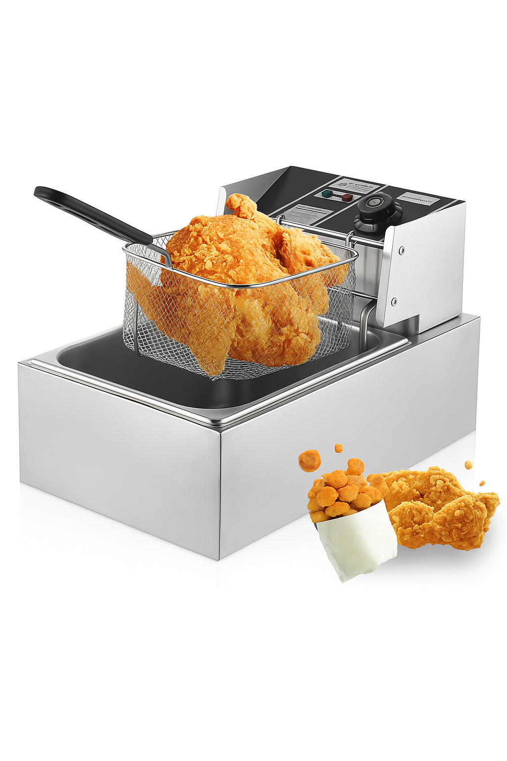 Friteuza Electrica Comerciala 2500W , un rezervor, usor de curatat, cos auto-strecurabil, blat din otel inoxidabil, capac pentru prevenirea stropirii, capacitate 6L, gri