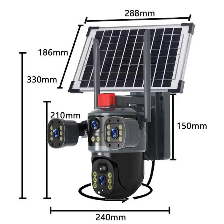 Cameră solară 4k, conexiune 4G și WiFi , 12 MP Ultra HD , 4 lentile, Zoom 10X, vedere nocturnă color, Panou 7.5W