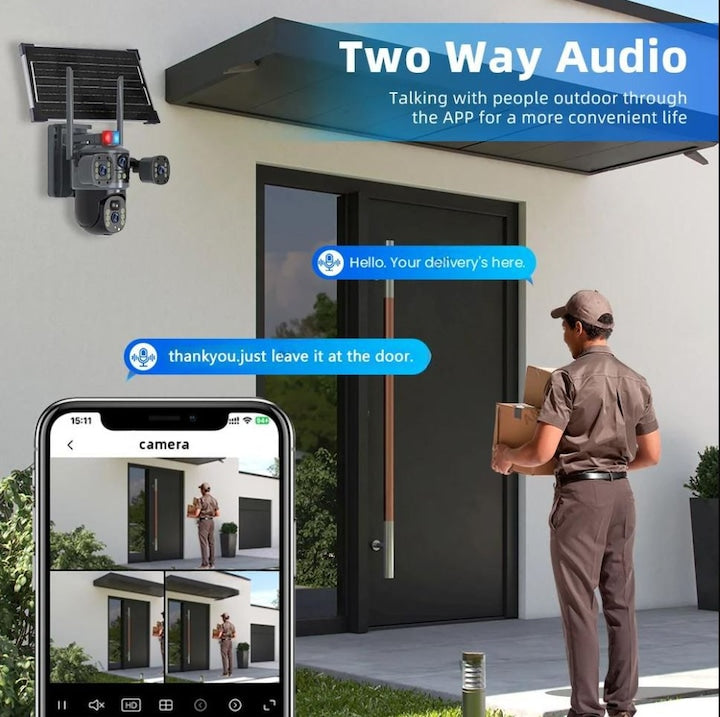 Cameră solară 4k, conexiune 4G și WiFi , 12 MP Ultra HD , 4 lentile, Zoom 10X, vedere nocturnă color, Panou 7.5W