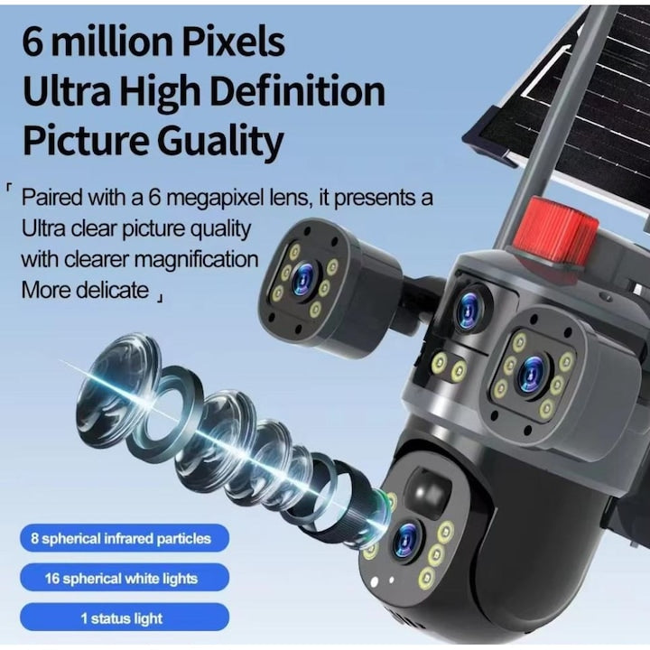 Cameră solară 4k, conexiune 4G și WiFi , 12 MP Ultra HD , 4 lentile, Zoom 10X, vedere nocturnă color, Panou 7.5W