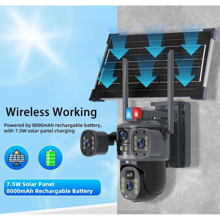 Cameră solară 4k, conexiune 4G și WiFi , 12 MP Ultra HD , 4 lentile, Zoom 10X, vedere nocturnă color, Panou 7.5W