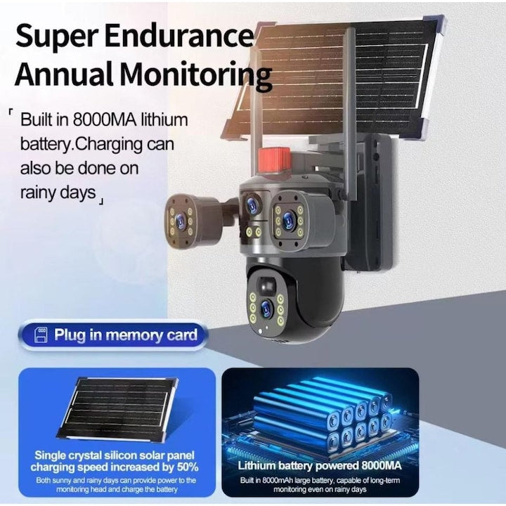 Cameră solară 4k, conexiune 4G și WiFi , 12 MP Ultra HD , 4 lentile, Zoom 10X, vedere nocturnă color, Panou 7.5W