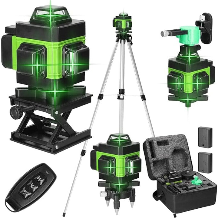 Nivela Laser 4D cu 16 Linii, Autonivelare, 2 Acumulatori, Lumina Verde, Trepied 150 cm, Telecomandă, Platformă Ridicare, Profesională