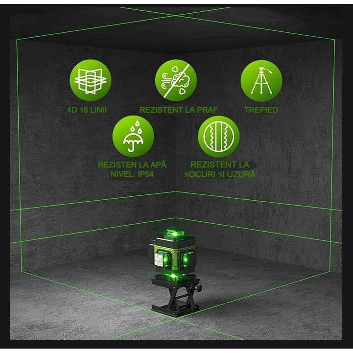 Nivela Laser 4D cu 16 Linii, Autonivelare, 2 Acumulatori, Lumina Verde, Trepied 150 cm, Telecomandă, Platformă Ridicare, Profesională