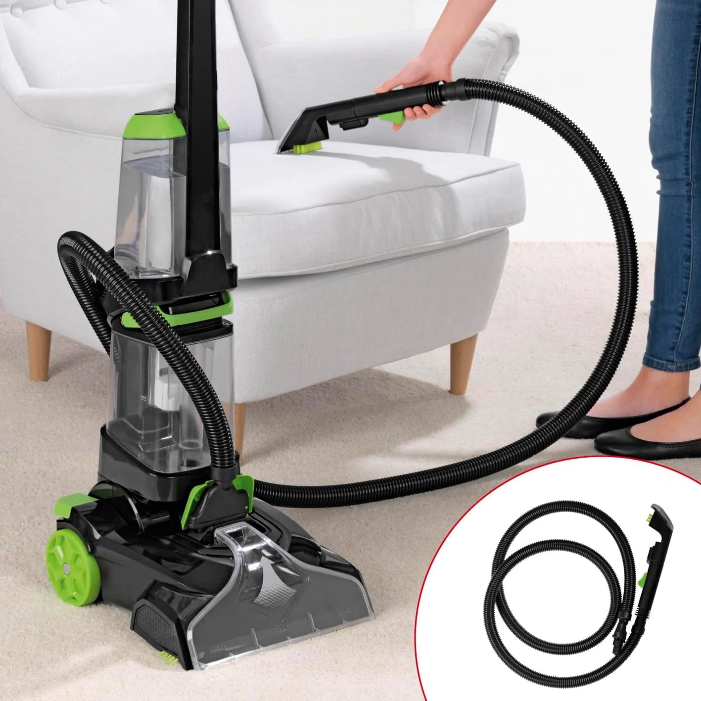 Aspirator fara sac 3 in 1, Hoffmans, mana/vertical, spala podelele, 1200W, 2 recipiente, negru-rosu