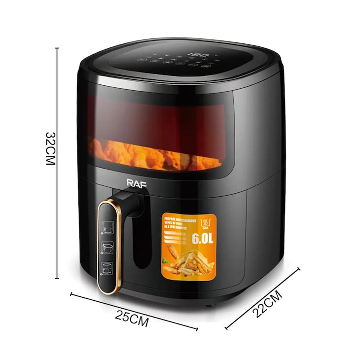Friteuza Air Fryer RAF R.5330B cu aer cald, Fara ulei, 6 litri, Sticla transparenta, 8 Programe, Digital Touch Screen, Negru