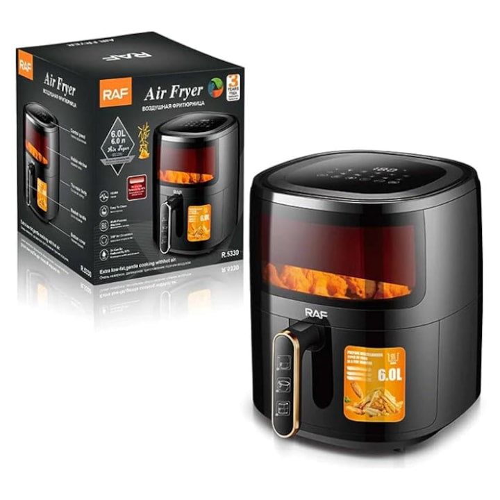 Friteuza Air Fryer RAF R.5330B cu aer cald, Fara ulei, 6 litri, Sticla transparenta, 8 Programe, Digital Touch Screen, Negru