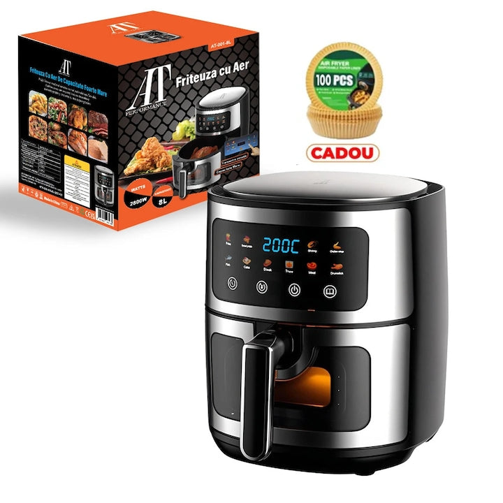Friteuză cu Aer Cald AT PERFORMANCE 8L, 10 Programe Smart, 2800W, Panou Tactil, Circulație 3D Aer Fierbinte, Teflon Non-Stick + 100 Bucăți Hârtie de Copt CADOU