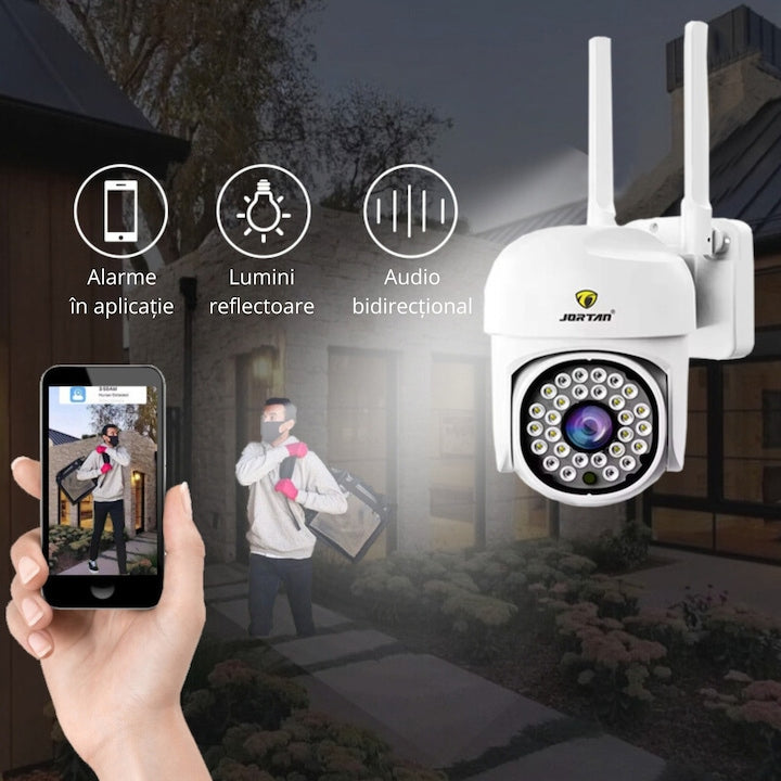 Camera de supraveghere WiFi Jortan JTZ-8161QJ 2MP, Full HD, exterior sau interior, alarma, senzor de miscare, vedere de noapte, mesaje push, microfon, difuzor, aplicatie Yoosee, Alb
