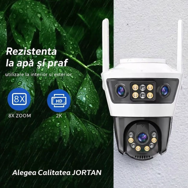 Camera de supraveghere WiFi Jortan 6 - 9MP(3+3+3), Full HD, exterior sau interior, senzor de miscare, vedere de noapte, microfon, difuzor, aplicatie Yoosee