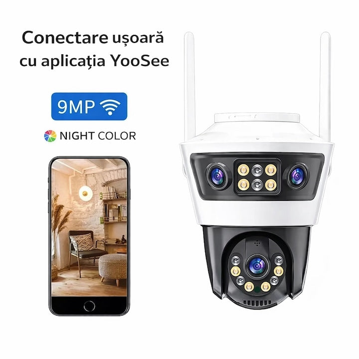 Camera de supraveghere WiFi Jortan 6 - 9MP(3+3+3), Full HD, exterior sau interior, senzor de miscare, vedere de noapte, microfon, difuzor, aplicatie Yoosee