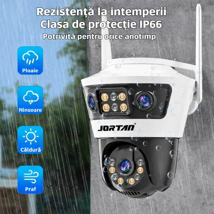 Camera de supraveghere WiFi Jortan 6 - 9MP(3+3+3), Full HD, exterior sau interior, senzor de miscare, vedere de noapte, microfon, difuzor, aplicatie Yoosee