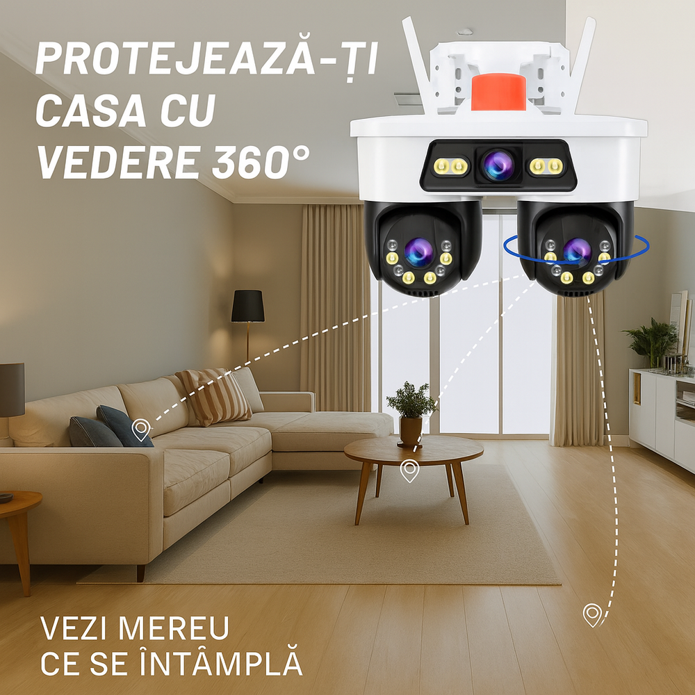 Camera Supraveghere WiFi/LAN Jortan, 3 Lentile, 9MP, Cap Dublu PTZ 355°, Night Vision, IP66 + Card microSD 64GB