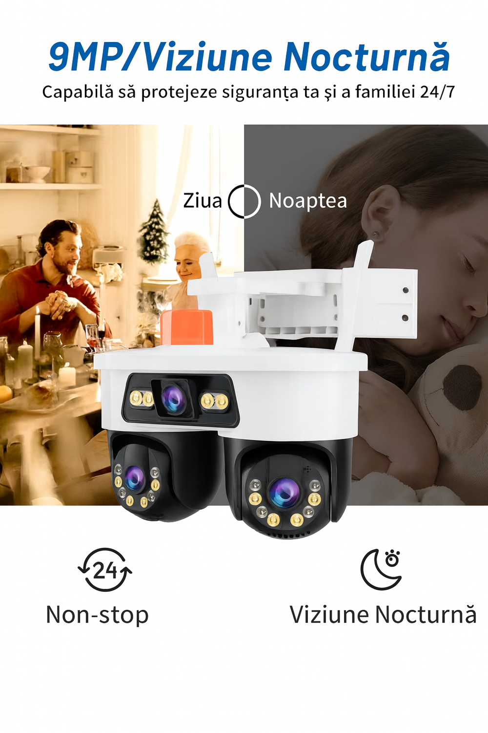 Camera Supraveghere WiFi/LAN Jortan, 3 Lentile, 9MP, Cap Dublu PTZ 355°, Night Vision, IP66 + Card microSD 64GB