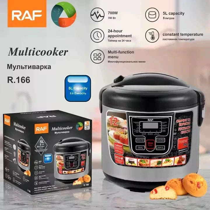 Oală Electrică pentru gătit , RAF R166B, 700W, 5L, 12 Functii, Afisaj Digital LED, 29x29cm