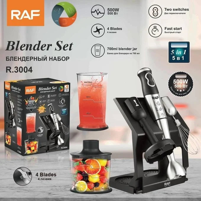 Blender RAF R3004, 5 In 1, 500W, Recipient De 500ml, 700ml, Tel Si Suport, 2 Viteze, 4 Lame Din Otel, 40 Cm