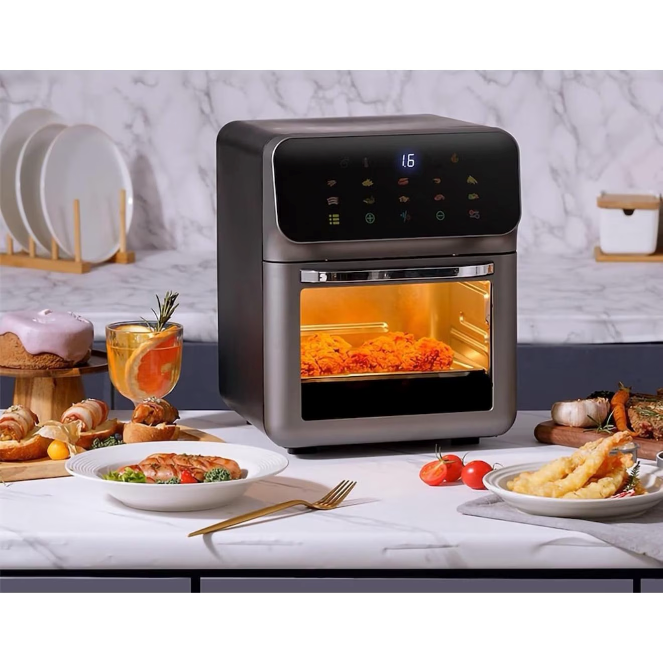 Friteuza cu Aer Cald Hoffmans , Airfryer, Capacitate 12L, 2400W, 10 Programe, Multifunctional, Temperatura Ajustabila, Ecran cu Touch Screen, Manusa si 2 Tavi Incluse