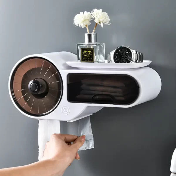 Suport de perete pentru hartie igienica si telefon, cu sertar