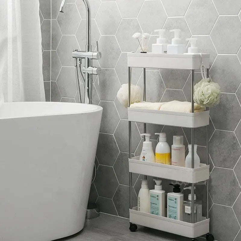 Carucior organizator slim, portabil, cu 4 rafturi, alb