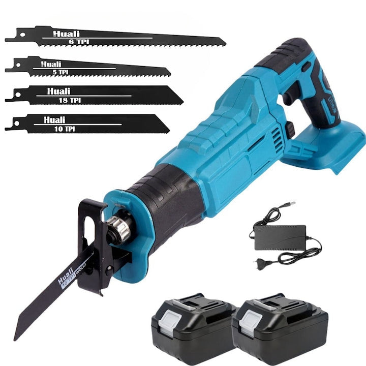 Fierastrau tip sabie 3000rpm LETHMANN, cu 2 acumulatori 48V, 5000mAh,mandrina autoblocanta, 4 bucati panza diferite modele,1 incarcator, valiza compacta de transport, Albastru