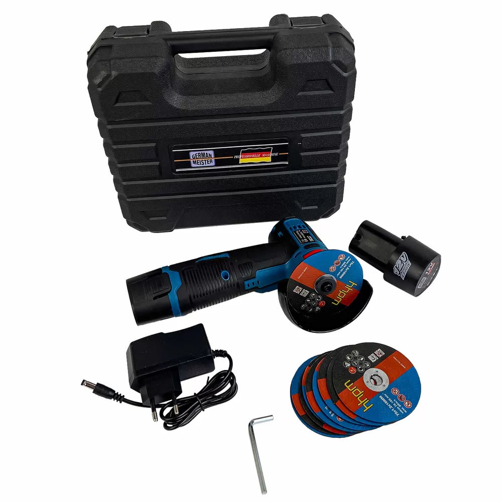 Mini polizor German Meister, 2 acumulatori 12V, 10 Panze de rezerva