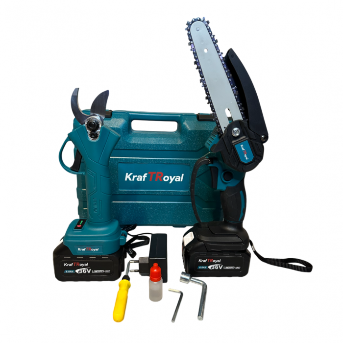 Trusa Foarfeca + Mini Drujba cu 2 Acumulatori 36V 8AH, KraftRoyal, 2 lanturi incluse + TRANSPORT GRATUIT