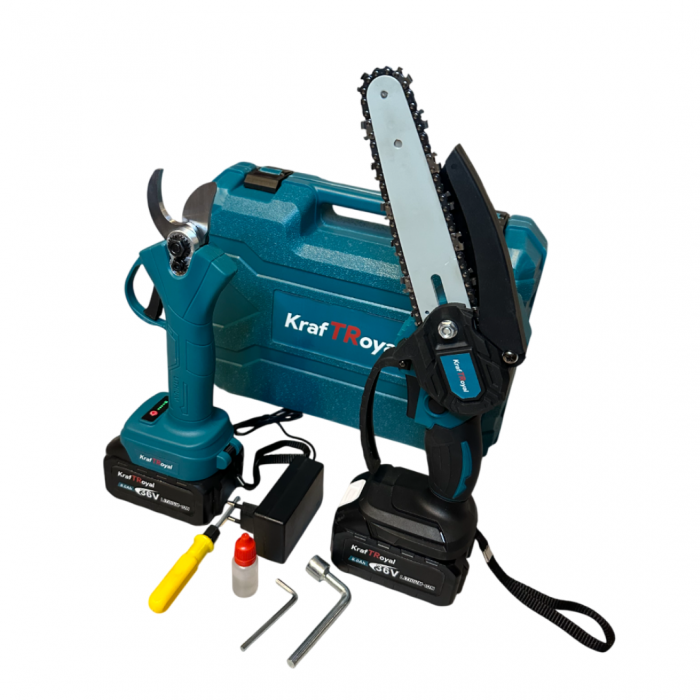 Trusa Foarfeca + Mini Drujba cu 2 Acumulatori 36V 8AH, KraftRoyal, 2 lanturi incluse + TRANSPORT GRATUIT